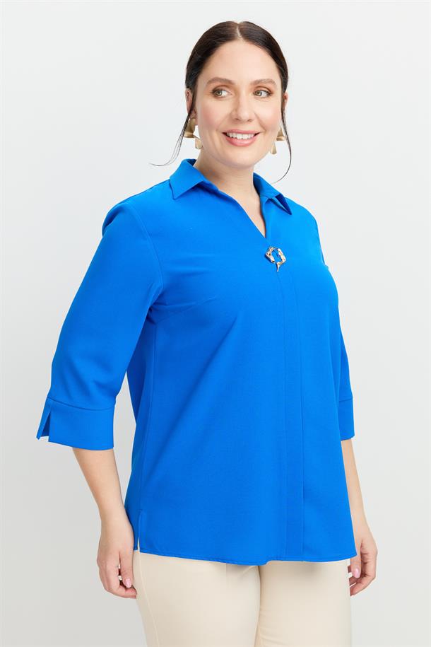 Büyük Beden Broş Detaylı Gömlek-SAX