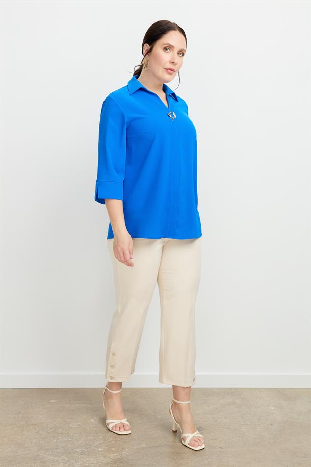 Büyük Beden Broş Detaylı Gömlek-SAX