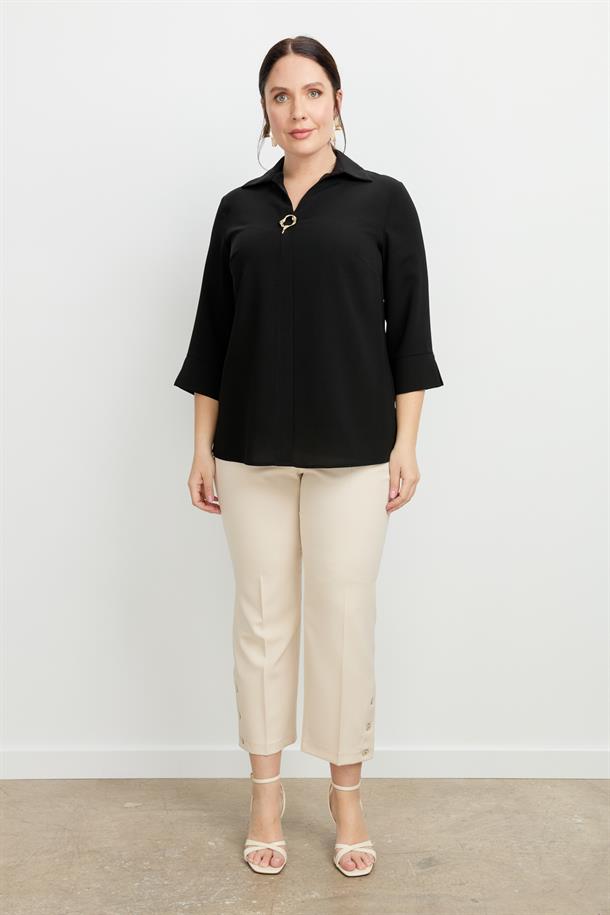 Büyük Beden Broş Detaylı Gömlek-SİYAH