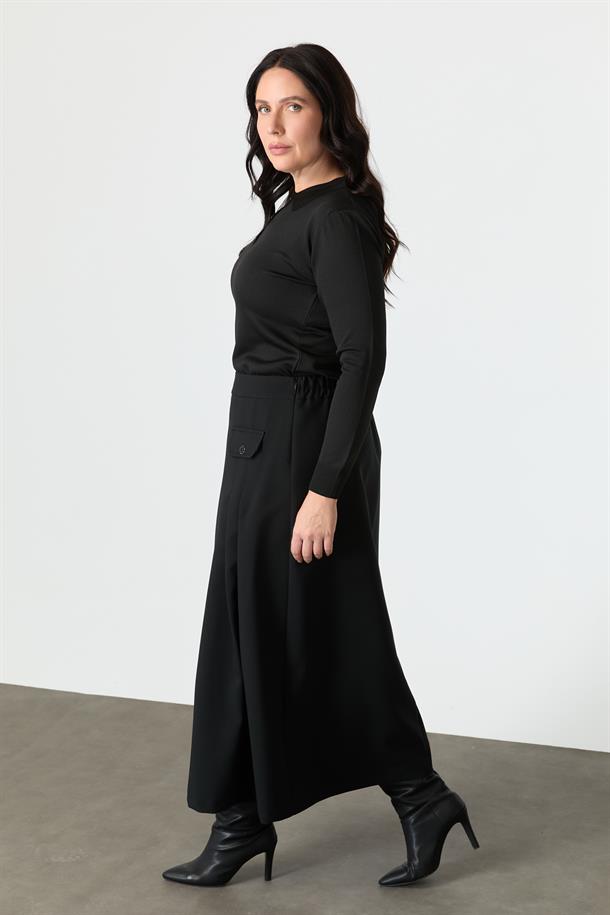 Büyük Beden Cep Detay Beli Lastikli Etek-SİYAH