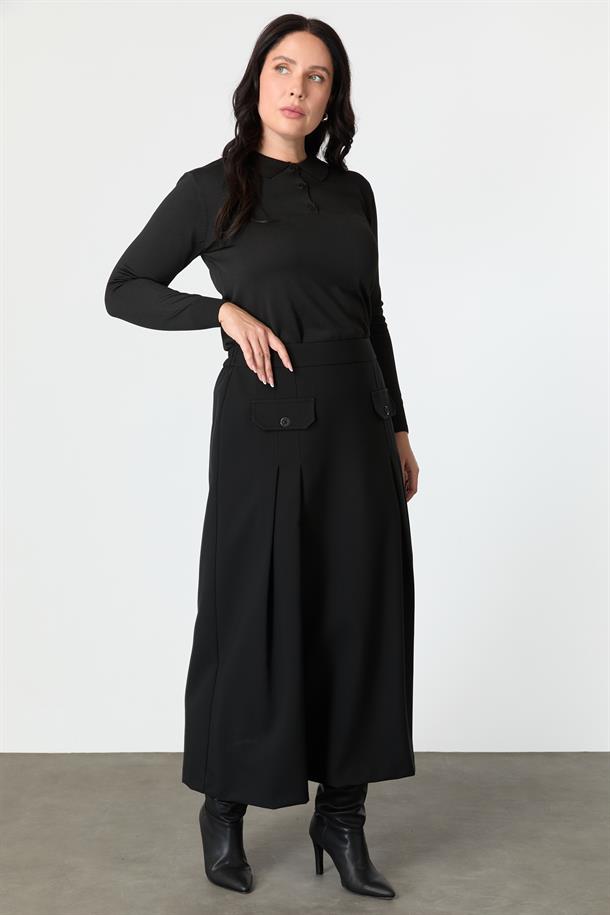 Büyük Beden Cep Detay Beli Lastikli Etek-SİYAH