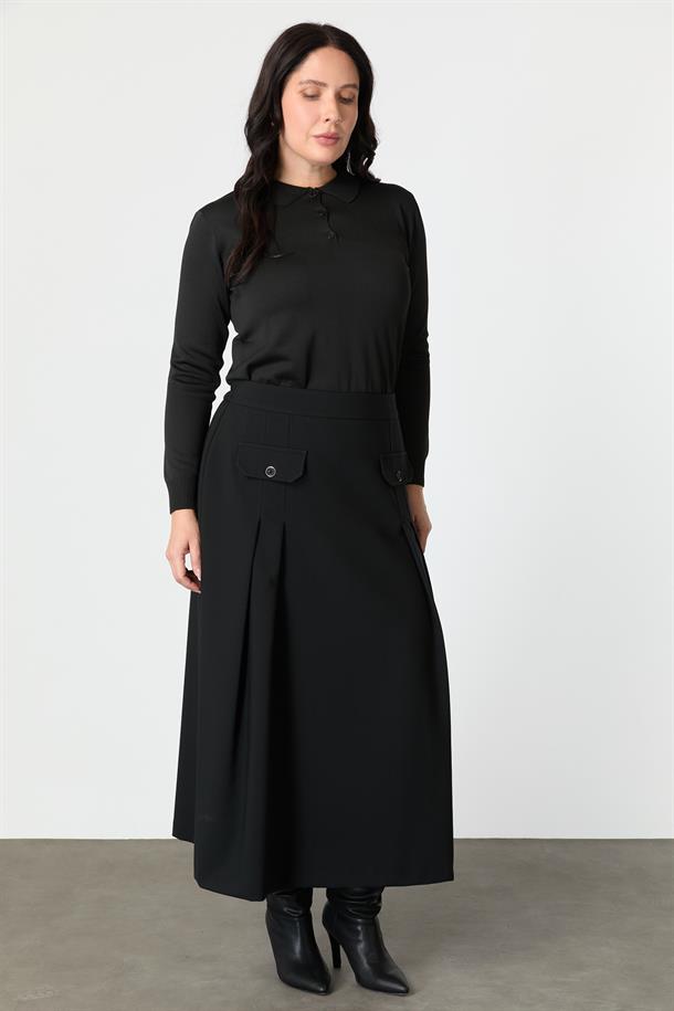 Büyük Beden Cep Detay Beli Lastikli Etek-SİYAH