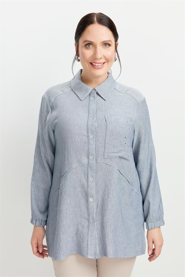 Büyük Beden Cep Detay Gömlek-MAVİ