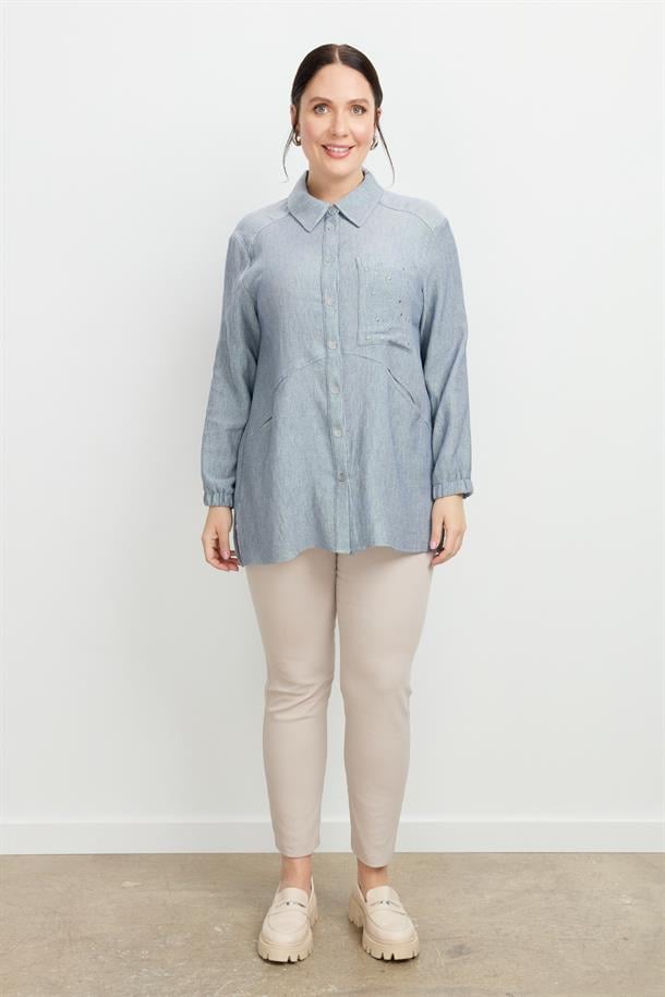 Büyük Beden Cep Detay Gömlek-MAVİ