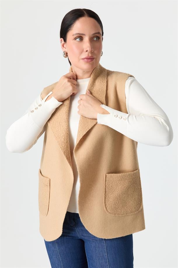 Büyük Beden Cep Detaylı Buklet Yelek-CAMEL