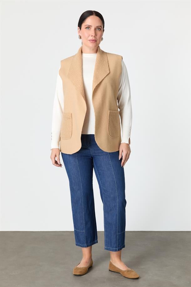 Büyük Beden Cep Detaylı Buklet Yelek-CAMEL