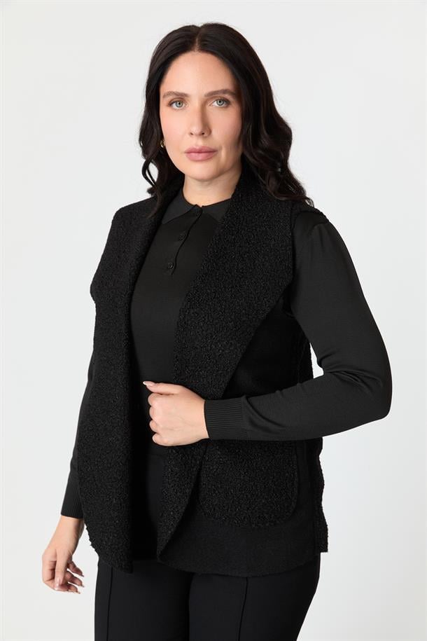 Büyük Beden Cep Detaylı Buklet Yelek-SİYAH