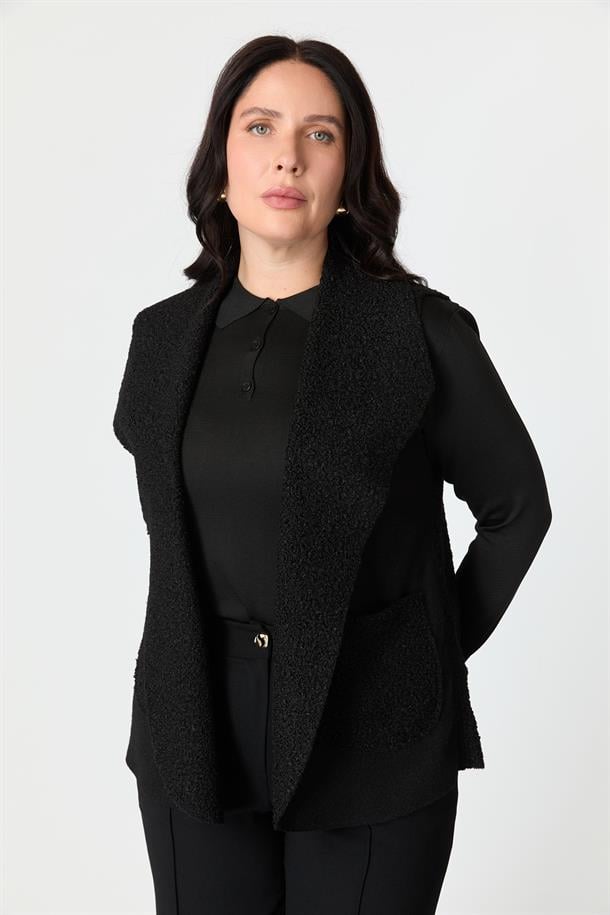 Büyük Beden Cep Detaylı Buklet Yelek-SİYAH