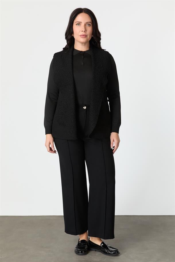 Büyük Beden Cep Detaylı Buklet Yelek-SİYAH