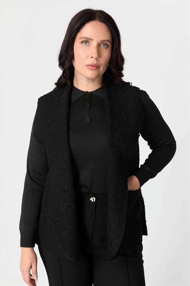 Büyük Beden Cep Detaylı Buklet Yelek-SİYAH