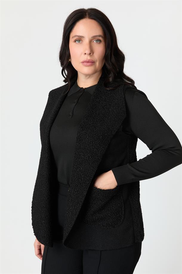 Büyük Beden Cep Detaylı Buklet Yelek-SİYAH