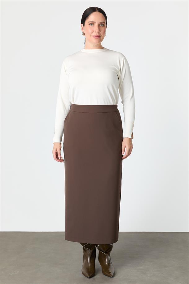 Büyük Beden Cep Detaylı Etek-KAHVE