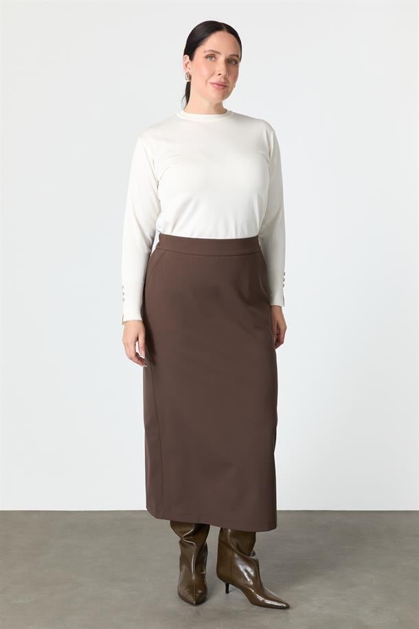 Büyük Beden Cep Detaylı Etek-KAHVE
