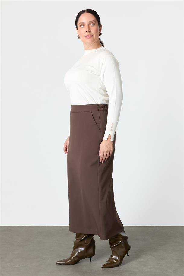 Büyük Beden Cep Detaylı Etek-KAHVE