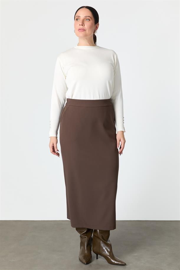Büyük Beden Cep Detaylı Etek-KAHVE