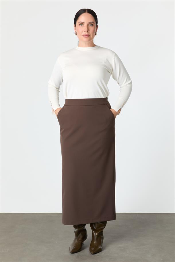 Büyük Beden Cep Detaylı Etek-KAHVE