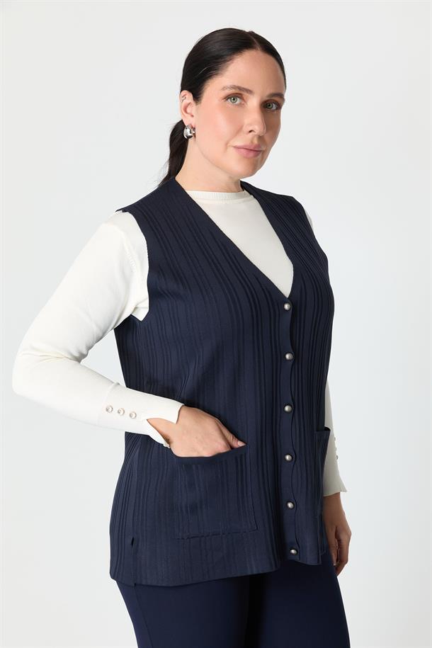 Büyük Beden Cep Detaylı Triko Yelek-LACI