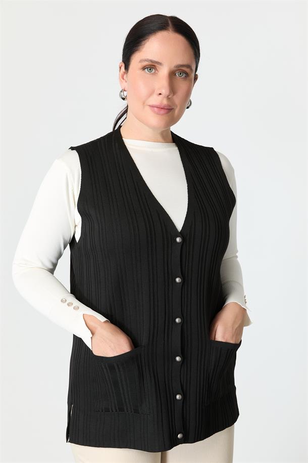 Büyük Beden Cep Detaylı Triko Yelek-SİYAH