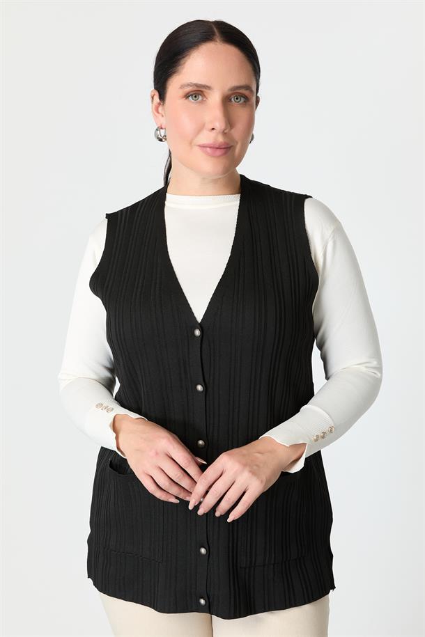 Büyük Beden Cep Detaylı Triko Yelek-SİYAH