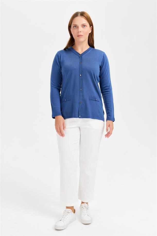 Büyük Beden Cep ve Düğme Detaylı Triko Kazak-İNDİGO