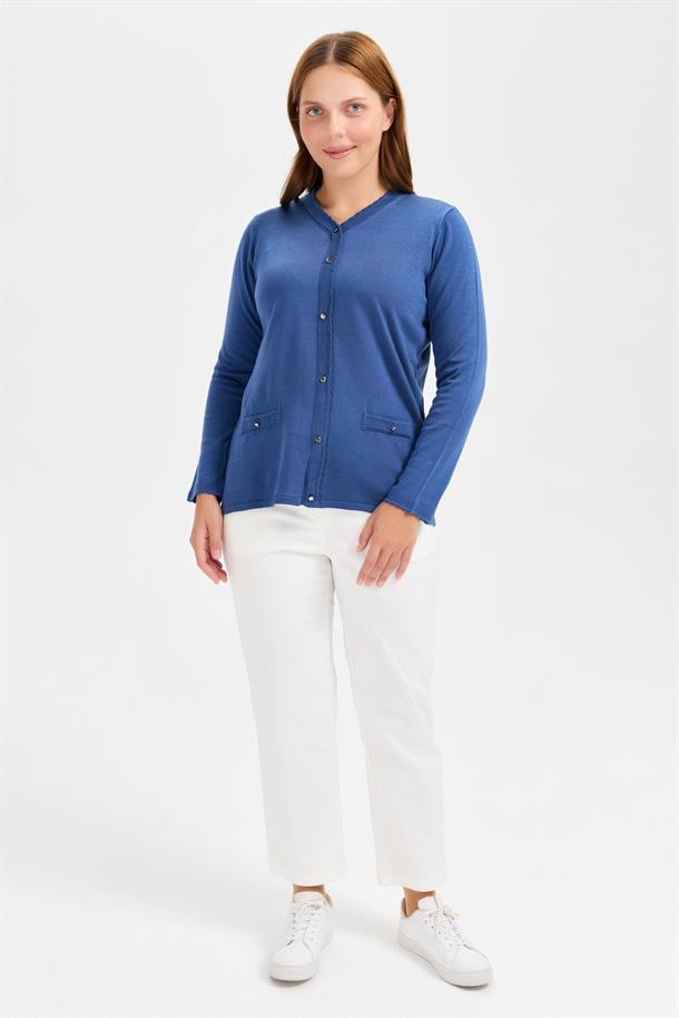Büyük Beden Cep ve Düğme Detaylı Triko Kazak-İNDİGO