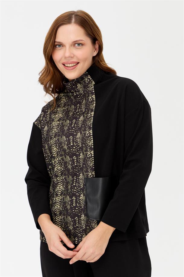 Büyük Beden Cepli Desenli Bluz-YEŞİL