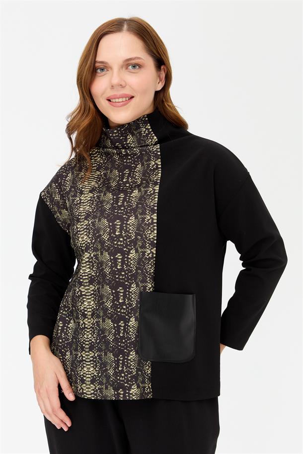 Büyük Beden Cepli Desenli Bluz-YEŞİL