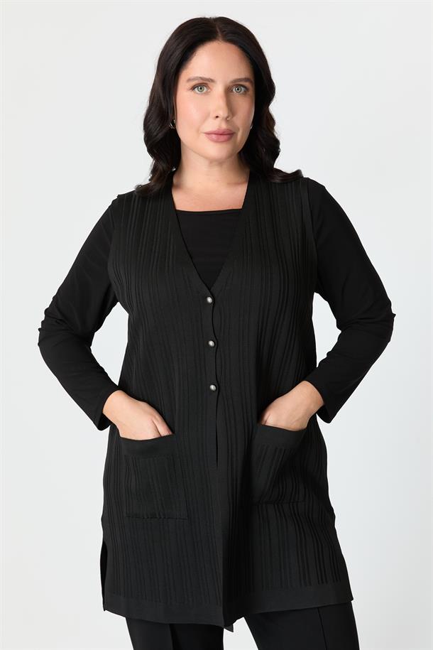 Büyük Beden Cepli Triko Yelek-SİYAH