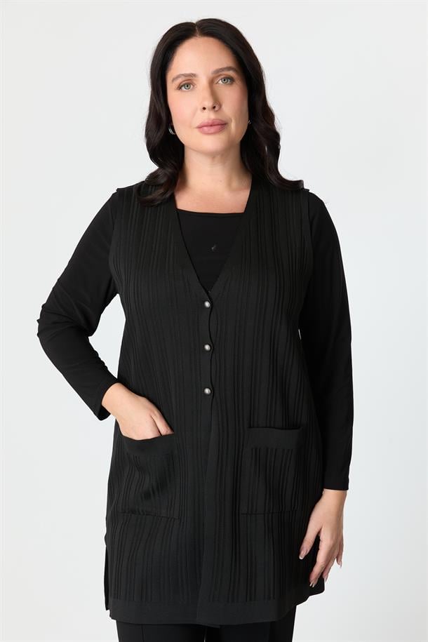 Büyük Beden Cepli Triko Yelek-SİYAH