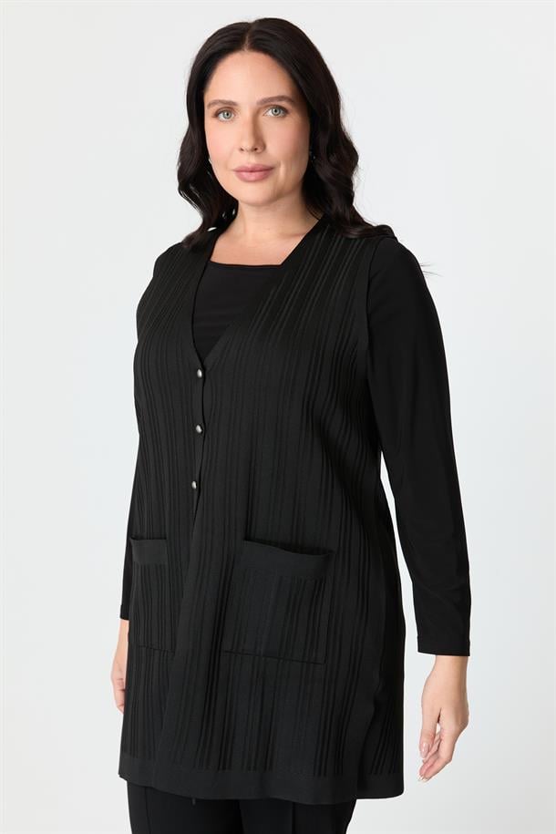 Büyük Beden Cepli Triko Yelek-SİYAH