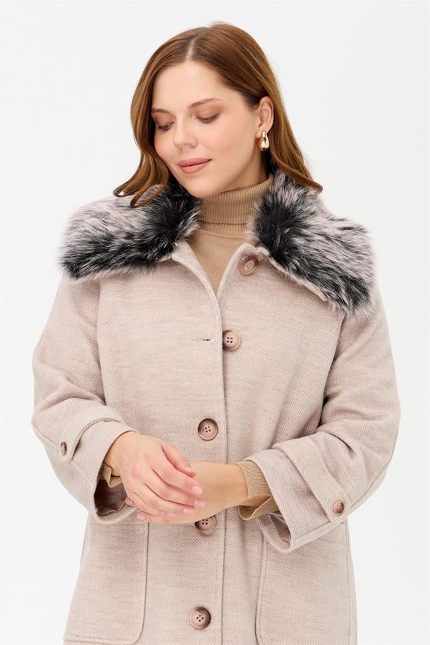 Büyük Beden Cepli Uzun Kaban-BEJ