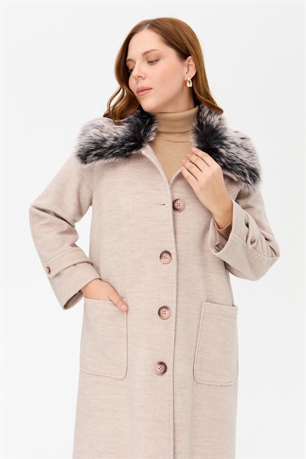 Büyük Beden Cepli Uzun Kaban-BEJ