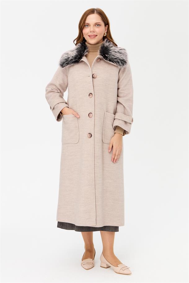 Büyük Beden Cepli Uzun Kaban-BEJ