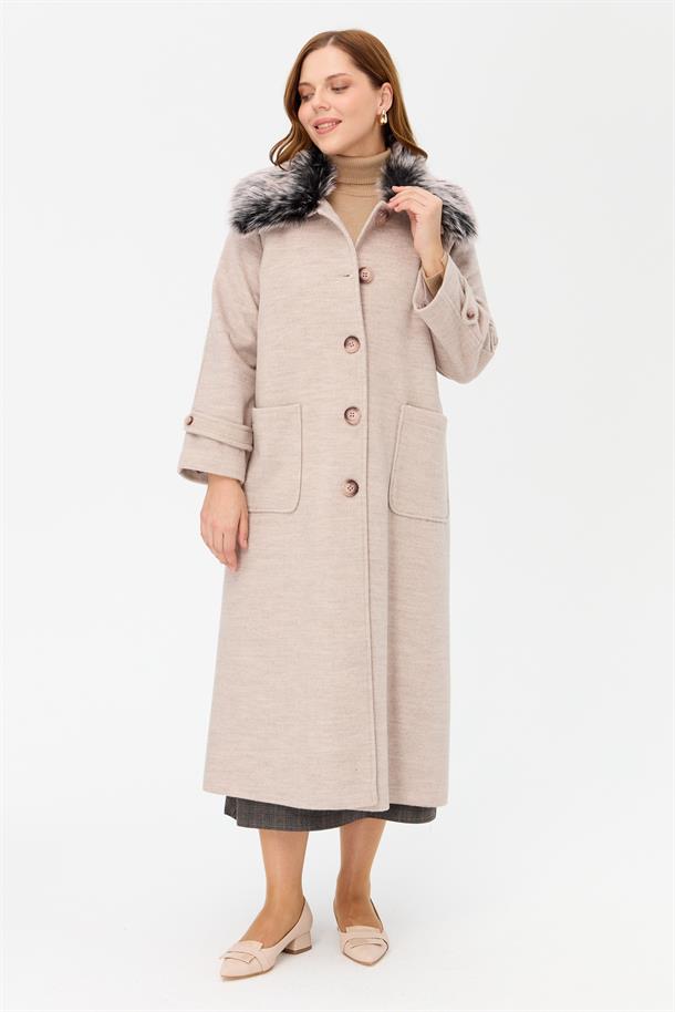 Büyük Beden Cepli Uzun Kaban-BEJ