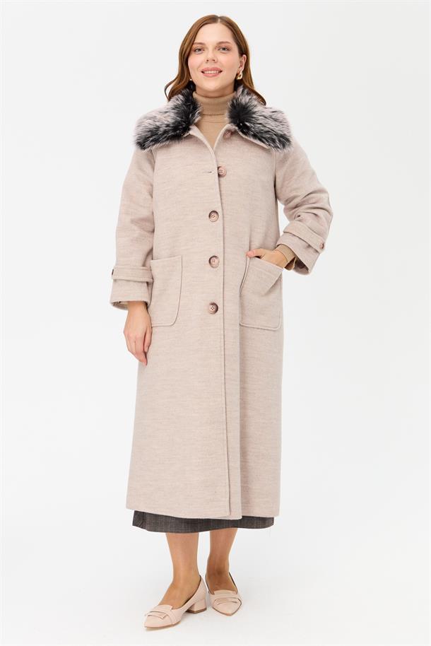 Büyük Beden Cepli Uzun Kaban-BEJ