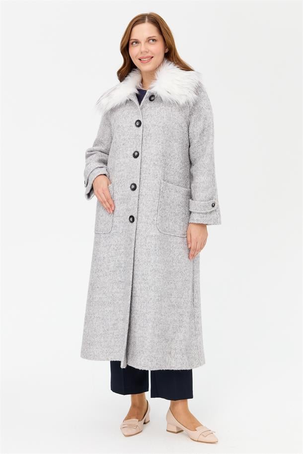 Büyük Beden Cepli Uzun Kaban-GRİ