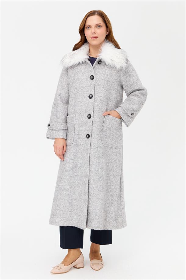 Büyük Beden Cepli Uzun Kaban-GRİ