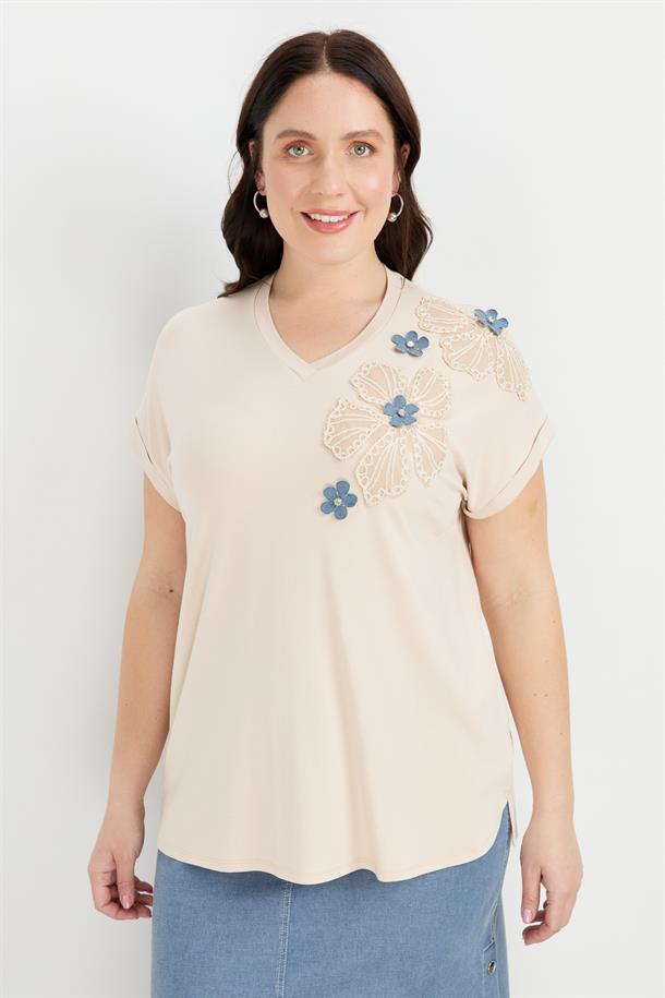 Büyük Beden Çiçek Baskı Penye Bluz-BEJ