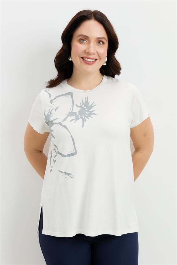 Büyük Beden Çiçek Baskılı Bluz-GRİ