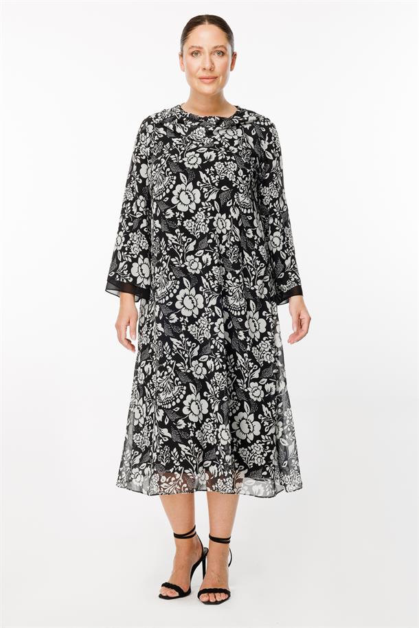Büyük Beden Çiçek Desenli Şifon Elbise-SİYAH