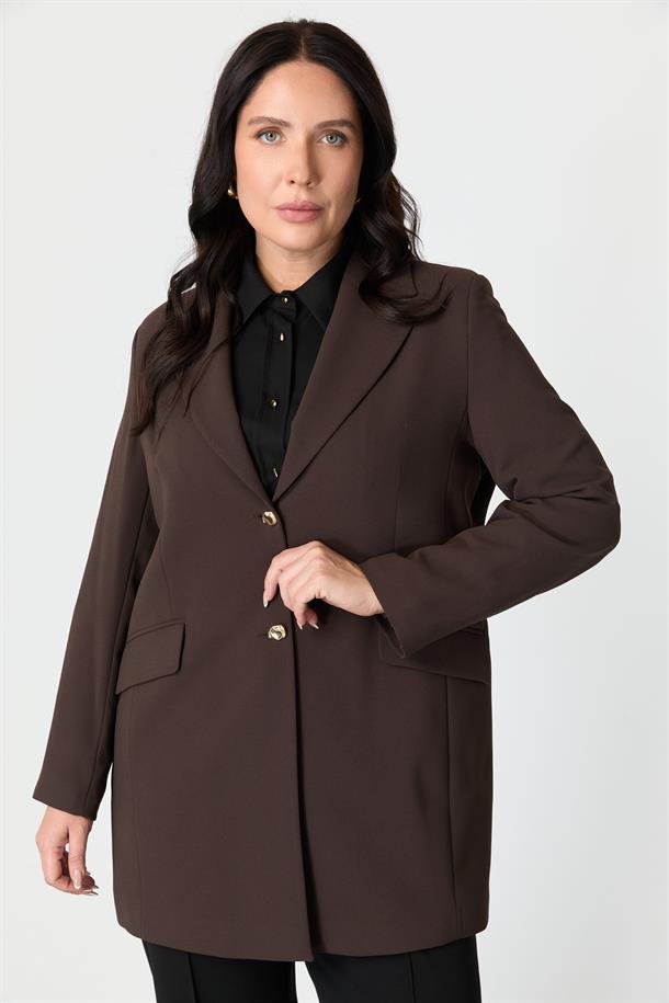 Büyük Beden Çift Düğmeli Krep Ceket-KAHVE