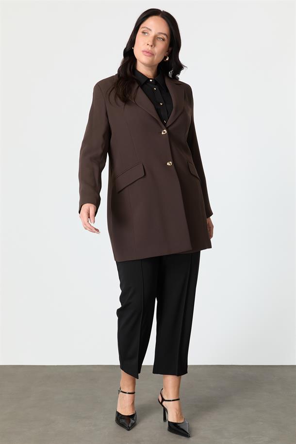 Büyük Beden Çift Düğmeli Krep Ceket-KAHVE