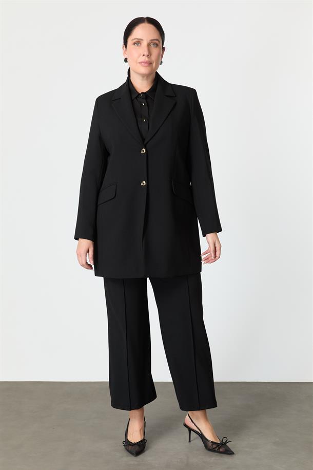 Büyük Beden Çift Düğmeli Krep Ceket-SİYAH