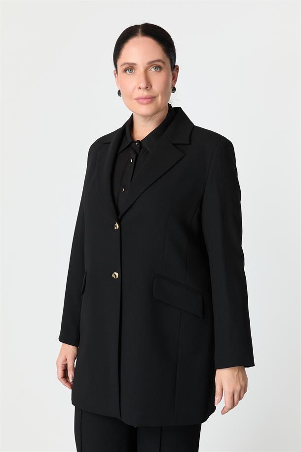 Büyük Beden Çift Düğmeli Krep Ceket-SİYAH