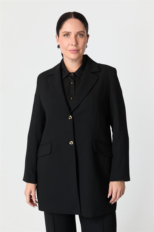 Büyük Beden Çift Düğmeli Krep Ceket-SİYAH