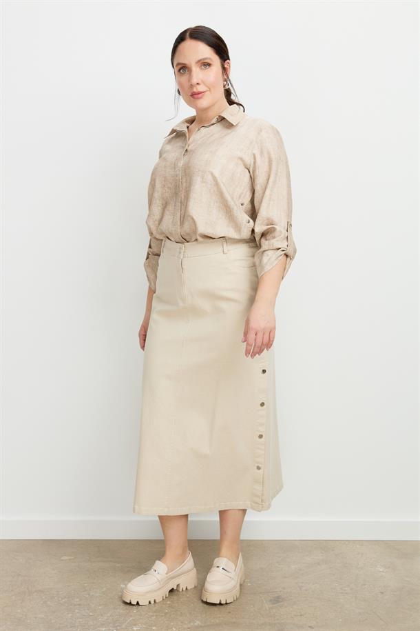 Büyük Beden Çıtçıt Detaylı Kot Etek-BEJ