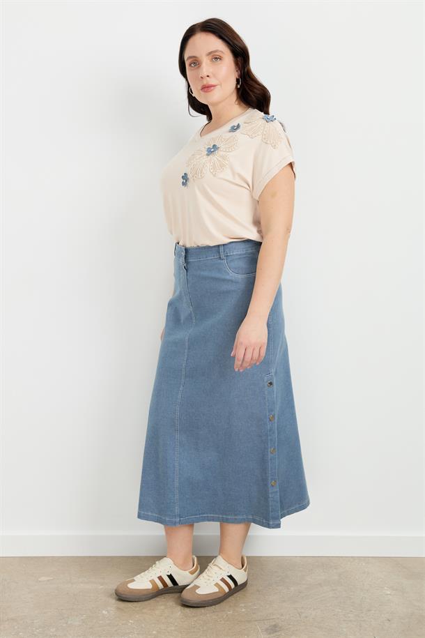 Büyük Beden Çıtçıt Detaylı Kot Etek-MAVİ