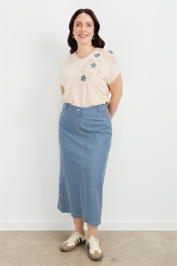 Büyük Beden Çıtçıt Detaylı Kot Etek-MAVİ