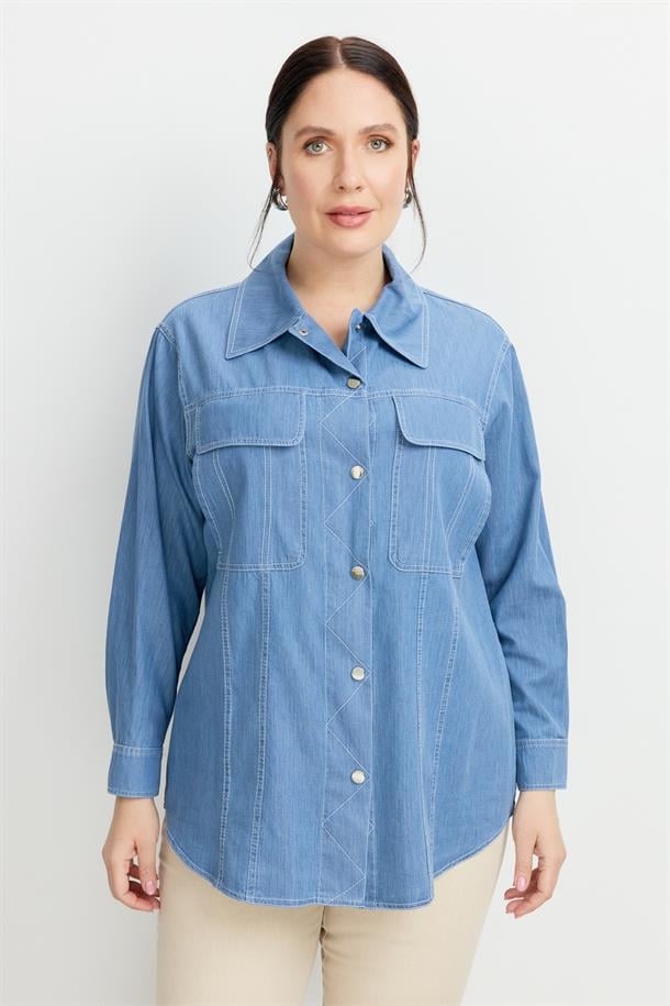 Büyük Beden Çıtçıt Düğme Kot Gömlek-MAVİ