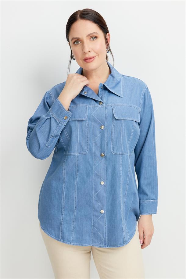 Büyük Beden Çıtçıt Düğme Kot Gömlek-MAVİ